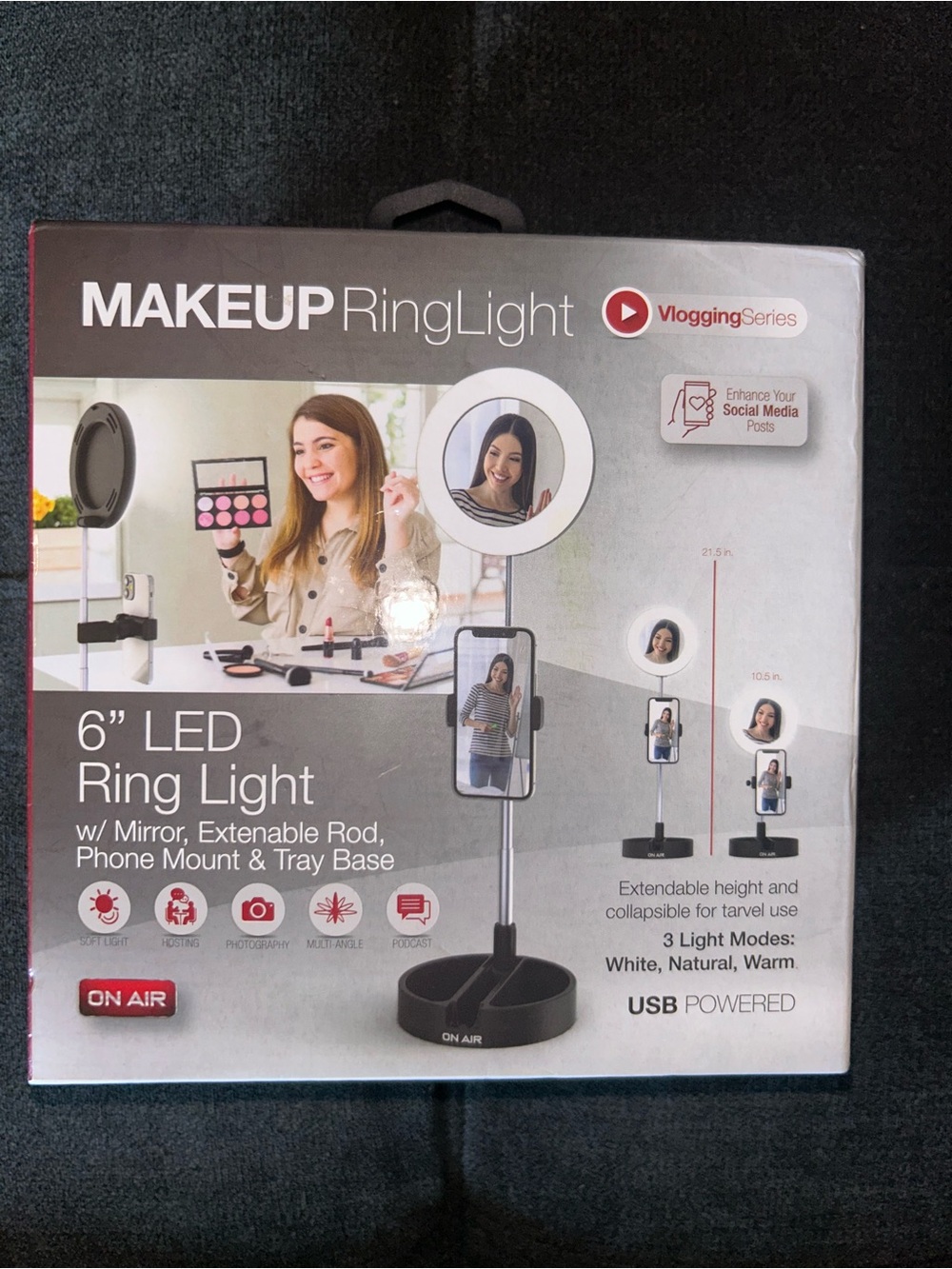 6" LED Makeup Ring Light with Phone Mount - White/Black